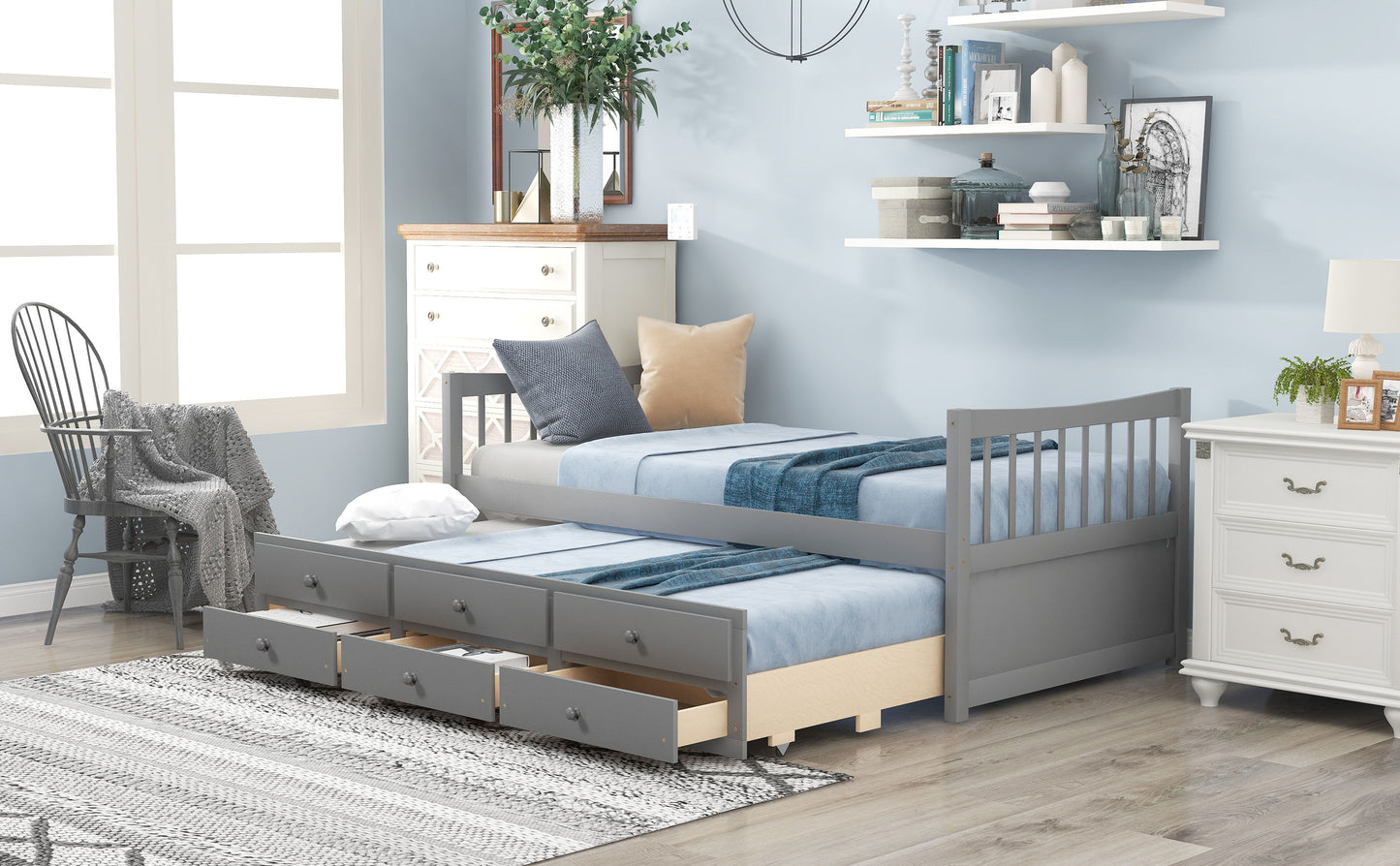 Twin Size Daybed With Trundle And Drawers - Gray