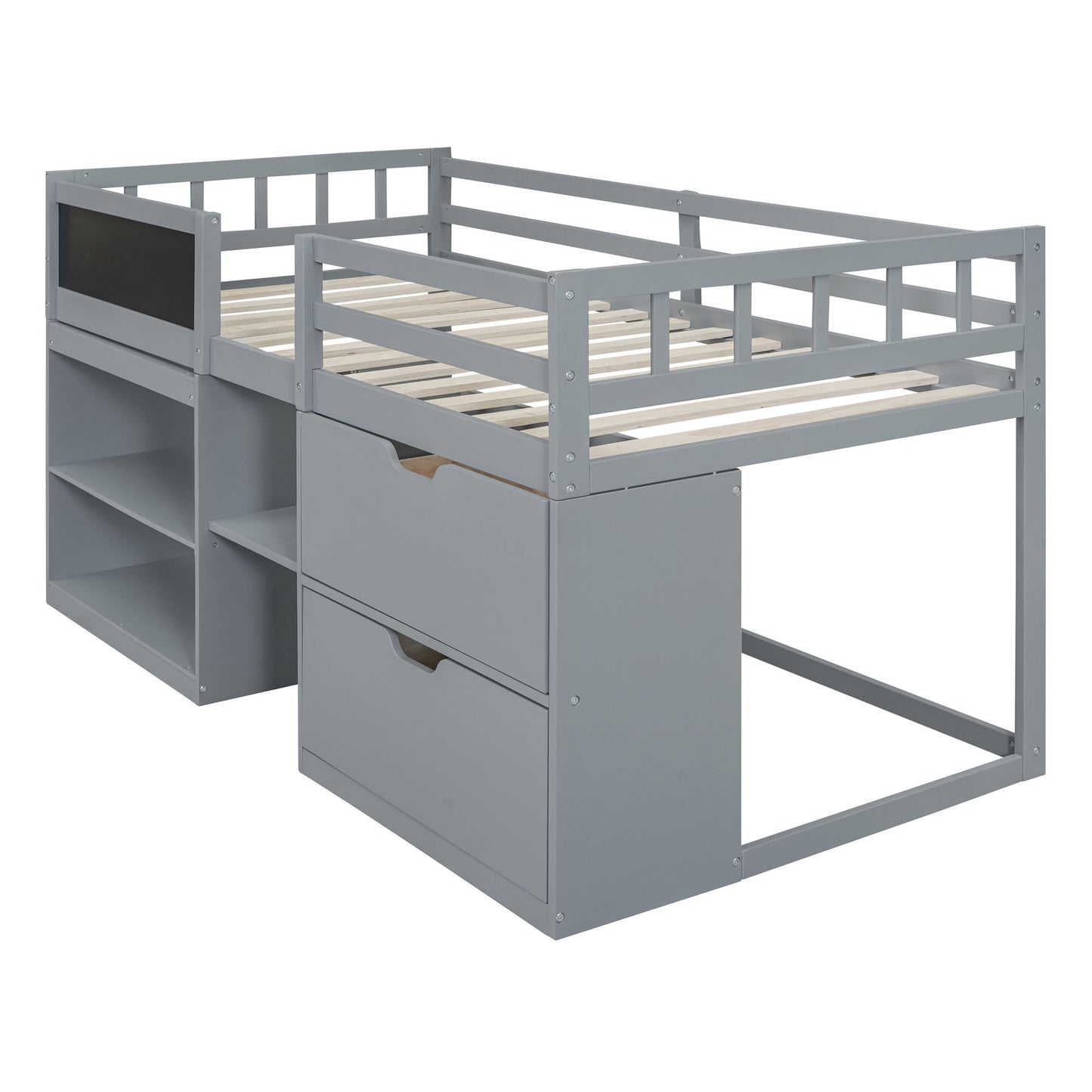 Twin Size Low Loft Bed With Rolling Desk, Shelf And Drawers - Gray