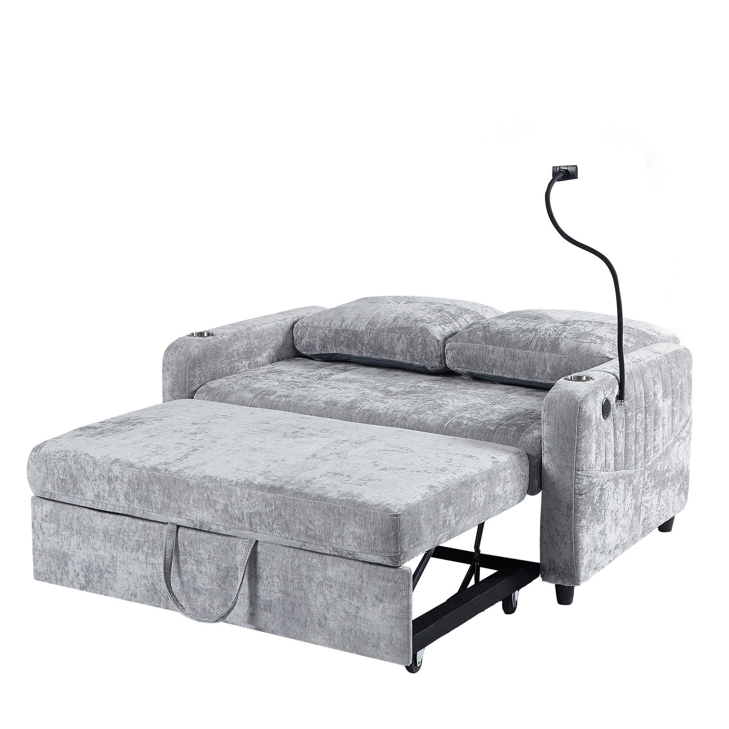Modern Loveseat Pull Out Sofa Bed With Adjustable Backrest, Two Cup Holders, A Phone Holder, Three Charging Ports And Side Storage Pockets For Living Room - Gray
