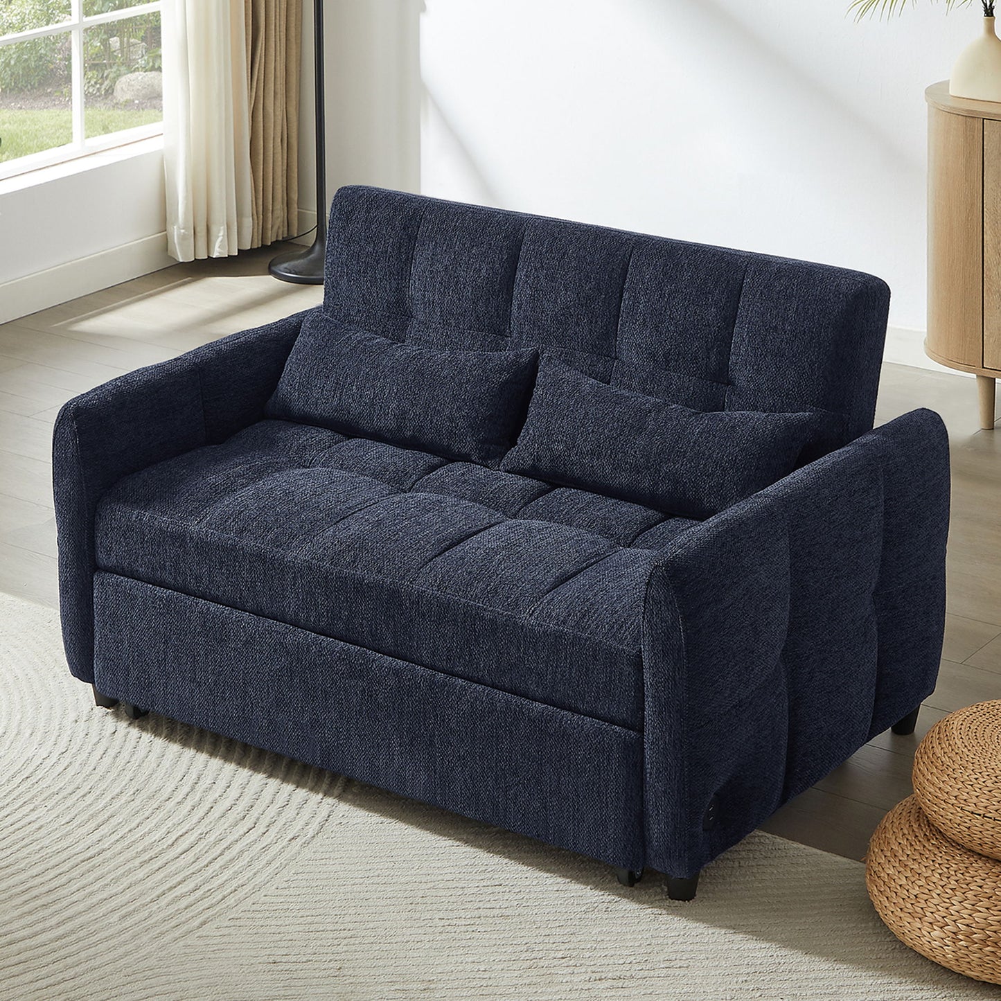 Loveseat Sofa Pull Out Sofa Bed Tufted Sleeper Sofa With An Adjustable Backrest, 3 USB Ports And 2 Lumbar Pillows For Living Room - Blue