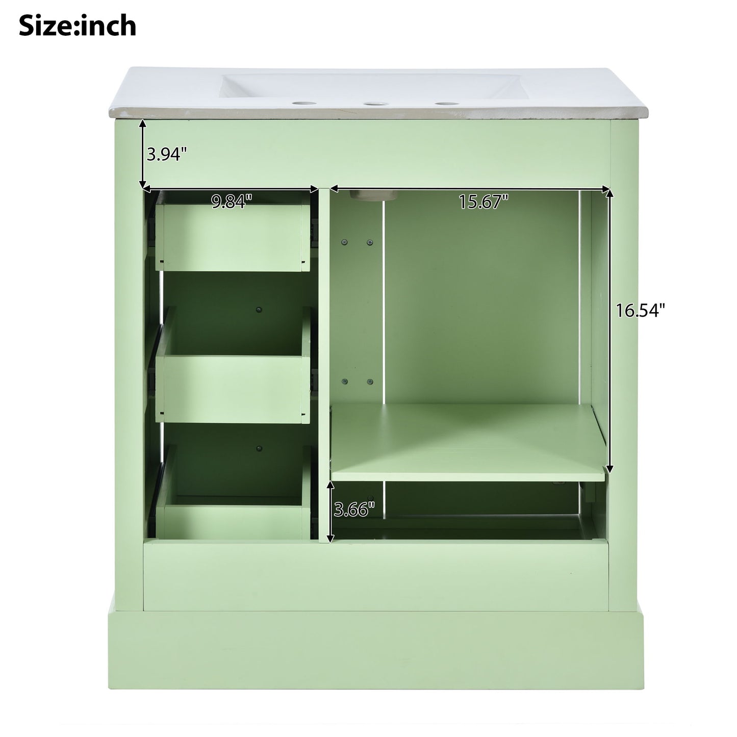 Bathroom Vanity Cabinet With Ceramic Basin, 3 Drawers And Adjustable Shelves - Green