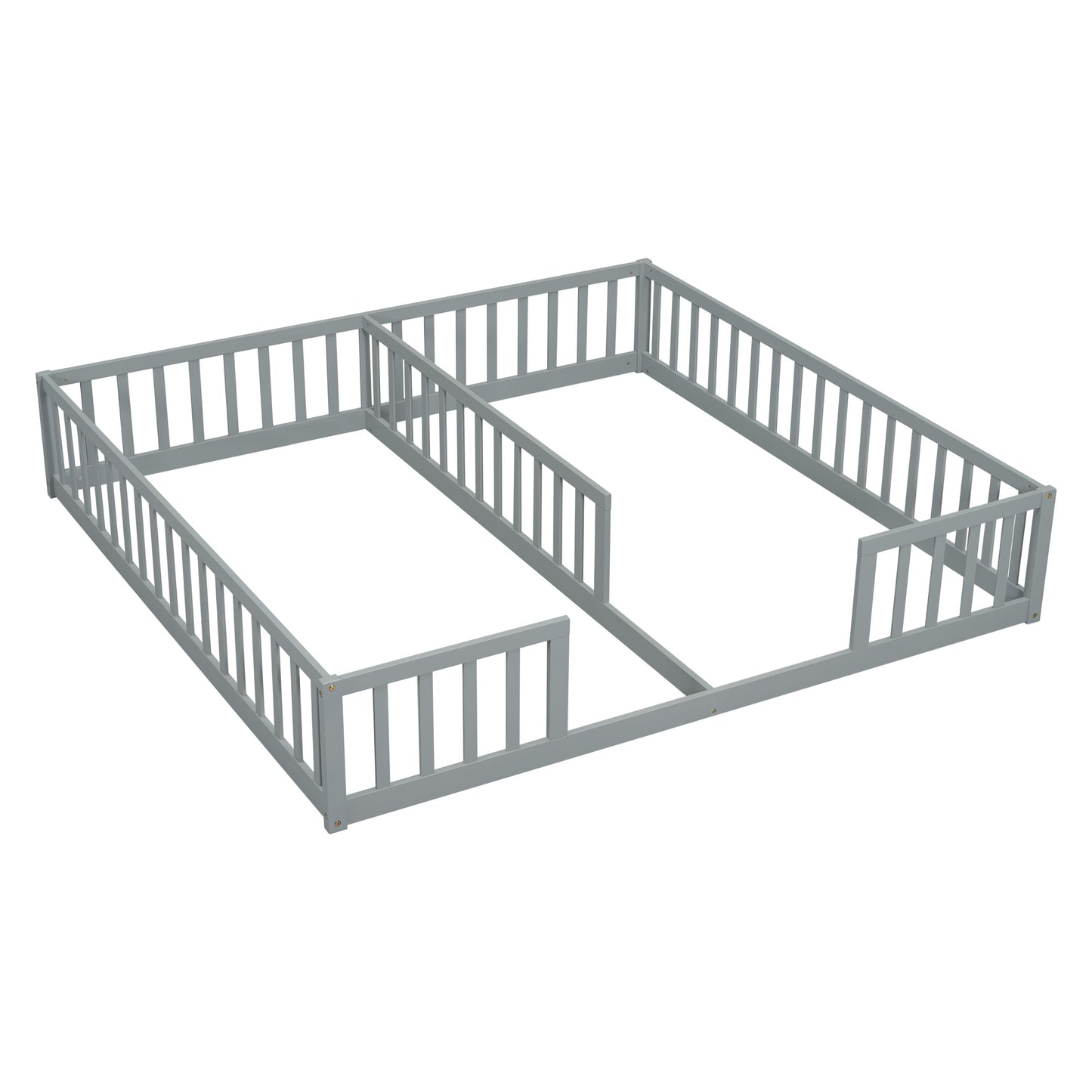 Double Twin Floor Bed With Fence, Guardrails, Without Door - Gray