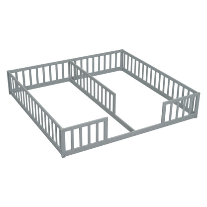Double Twin Floor Bed With Fence, Guardrails, Without Door - Gray