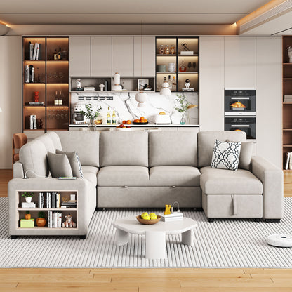 U-Shaped Sectional Sofa Pull-Out Sofa Bed With Two USB Ports, A Storage Chaise Lounge And Four Back Pillows For Living Room - Beige