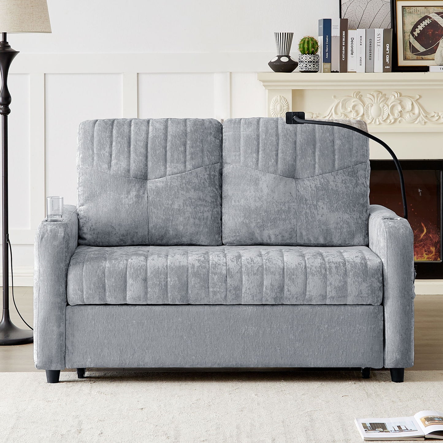 Modern Loveseat Pull Out Sofa Bed With Adjustable Backrest, Two Cup Holders, A Phone Holder, Three Charging Ports And Side Storage Pockets For Living Room - Gray