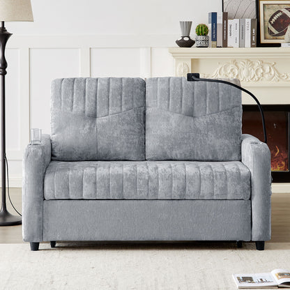 Modern Loveseat Pull Out Sofa Bed With Adjustable Backrest, Two Cup Holders, A Phone Holder, Three Charging Ports And Side Storage Pockets For Living Room - Gray