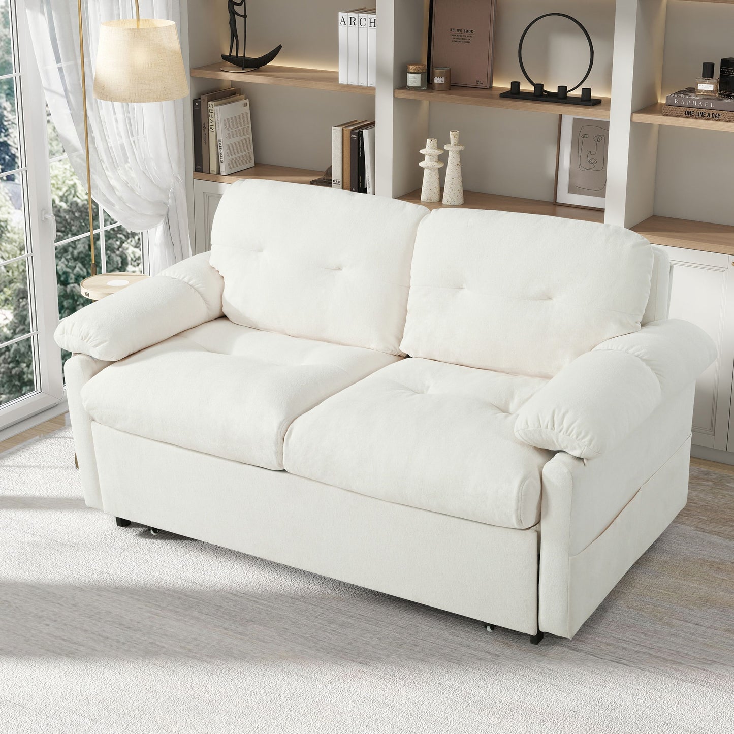 Modern Convertible Sleeper Sofa Bed With Pull Out Queen Design, Side Storage & Thick Cushions Chenille Loveseat For Living Room Or Bedroom 3 In 1 Function - Beige