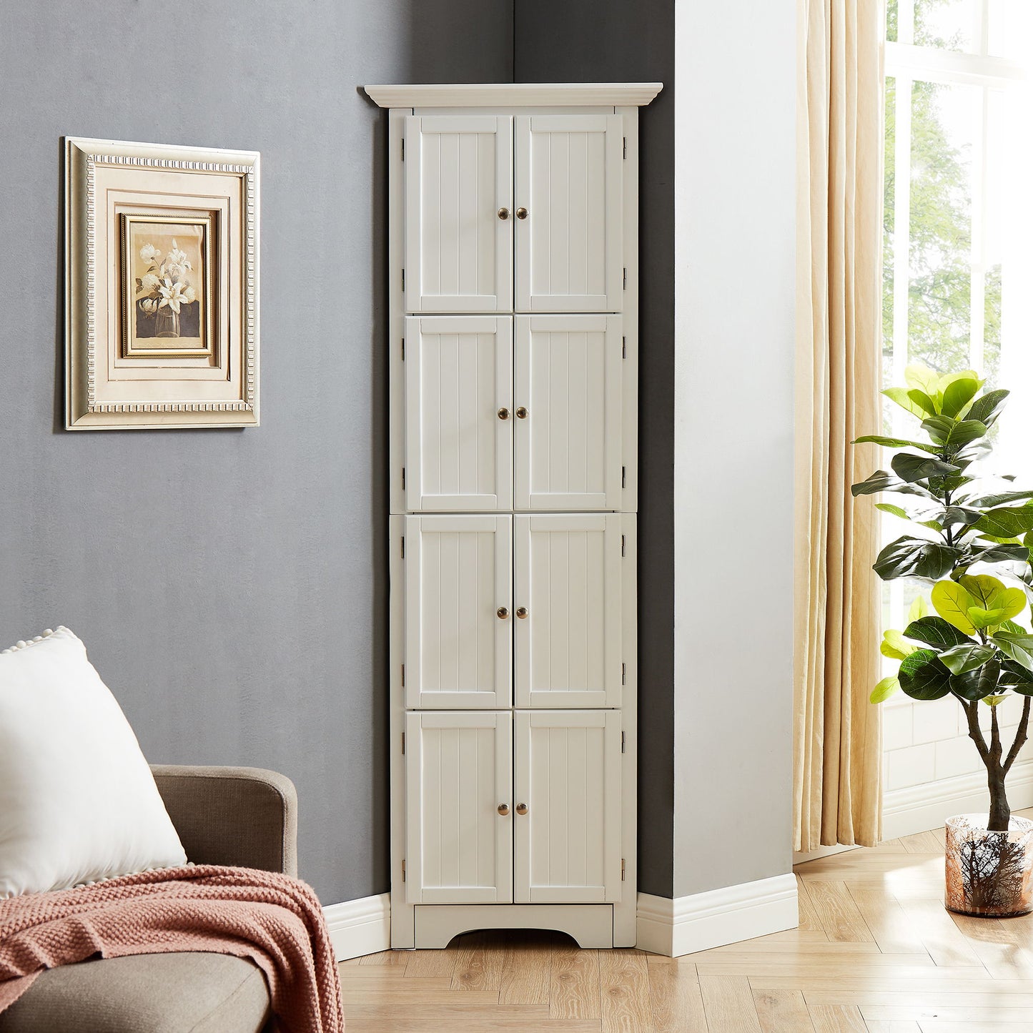 Tall Storage Cabinet With Doors And 4 Shelves For Living Room, Kitchen, Office, Bedroom, Bathroom, Modern - White