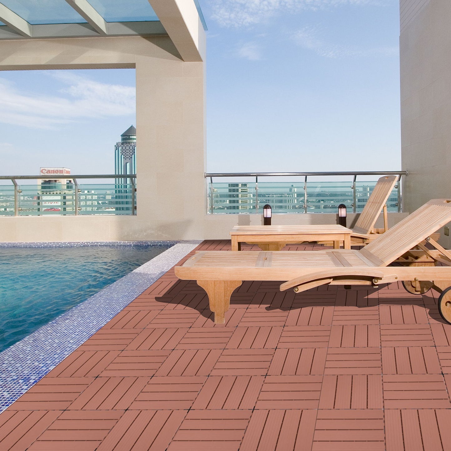 Plastic Interlocking Deck Tiles, (Set of 44), Patio Flooring Outdoor Waterproof All Weather Use For Garden Poolside Front / Back Yard - Mahogany