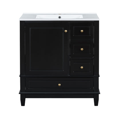 30" Bathroom Vanity With Sink, 1 Door With Shelf And 3 Drawers, Soft Close Door - Black
