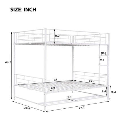 Full Over Full Bunk Bed With Shelf And Guardrails - White