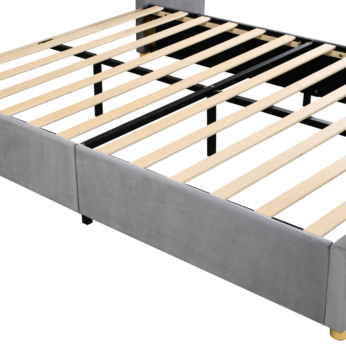 Queen Upholstered Platform Bed, 2 Outlets And USB Charging Ports On Both Sides, 2 Bedside Pillows, Storage Shelves - Gray