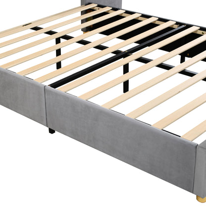 Queen Upholstered Platform Bed, 2 Outlets And USB Charging Ports On Both Sides, 2 Bedside Pillows, Storage Shelves - Gray