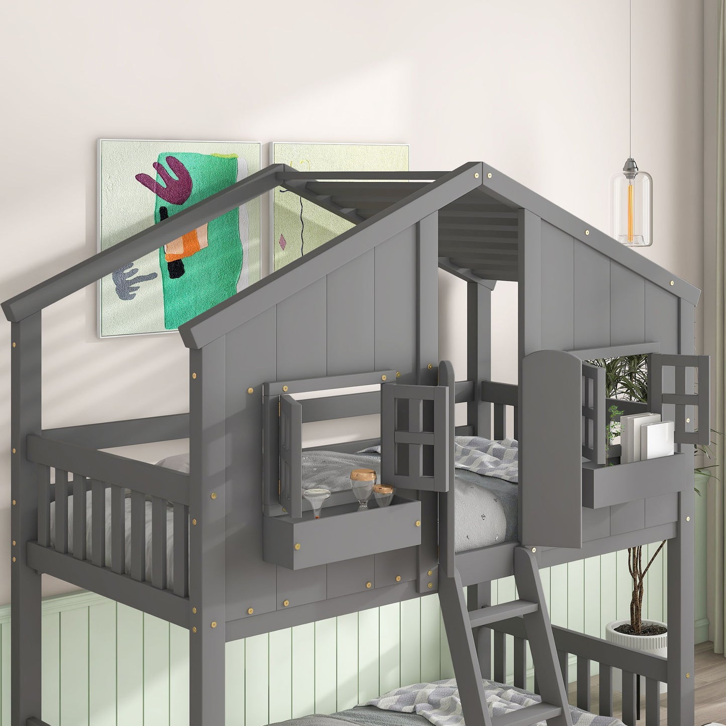 Twin Over Twin House Bunk Bed With Roof, Window, Window Box, Door, With Safety Guardrails And Ladder - Gray