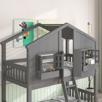 Twin Over Twin House Bunk Bed With Roof, Window, Window Box, Door, With Safety Guardrails And Ladder - Gray
