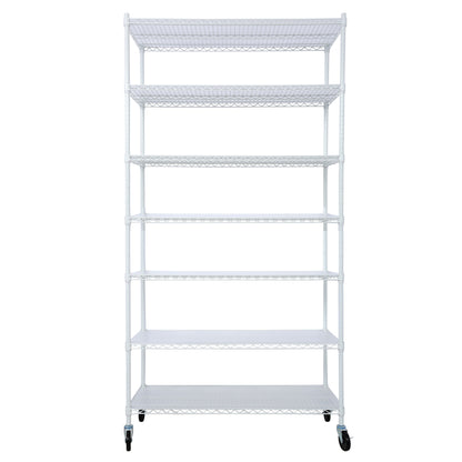 7 Tier Metal Shelf Wire Shelving Unit, 2450Lbs Heavy Duty Adjustable Storage Rack With Wheels & Shelf Liners For Closet Kitchen Garage Basement Commercial Shelving - White