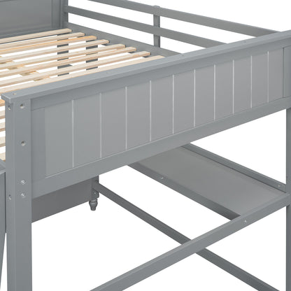 Full Size Loft Bed With Drawers And Desk With Shelves - Gray