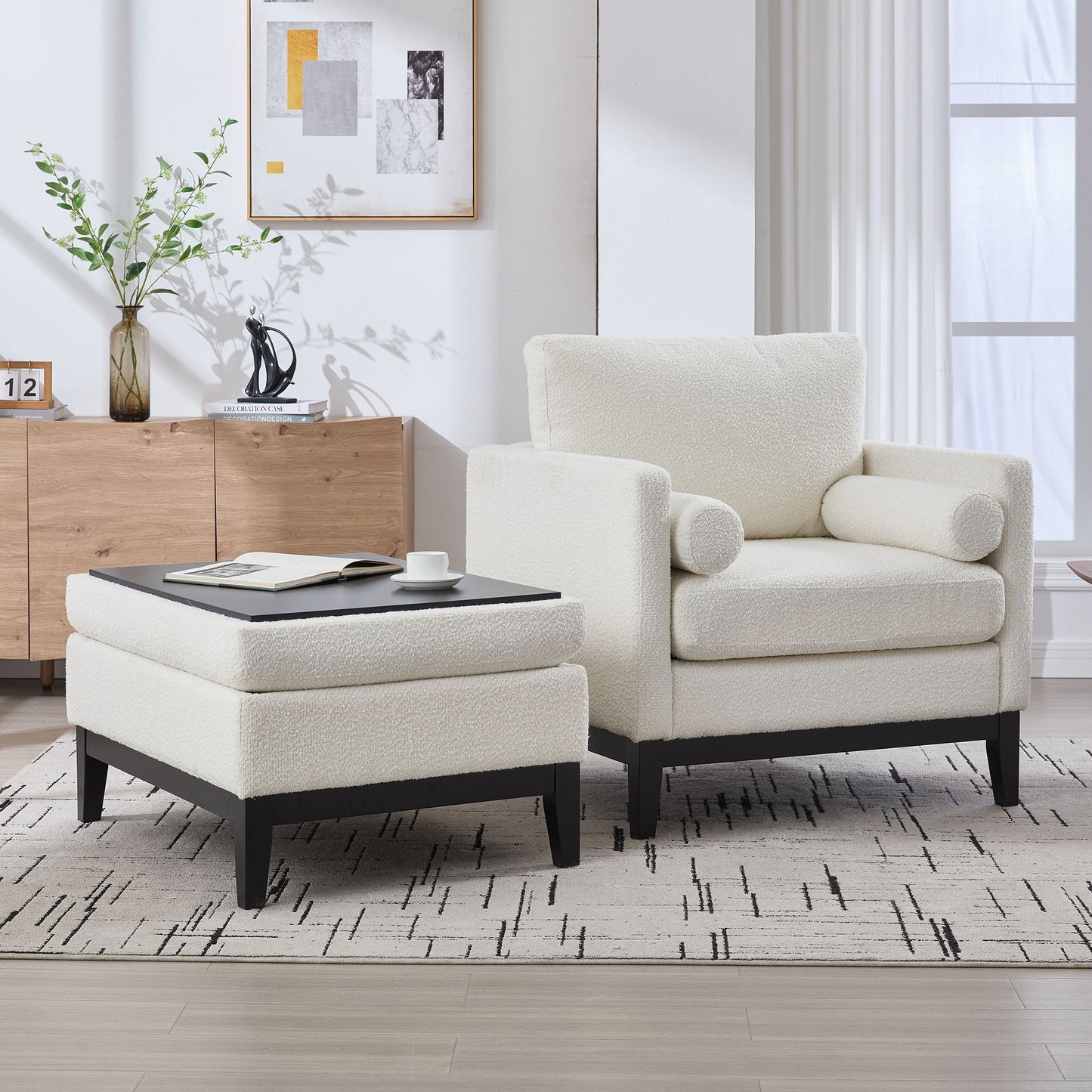Farmhouse Upholstered Accent Chair With Ottoman, Wood Base, Reversible Lid Coffee Table For Living Room Or Office - Ivory