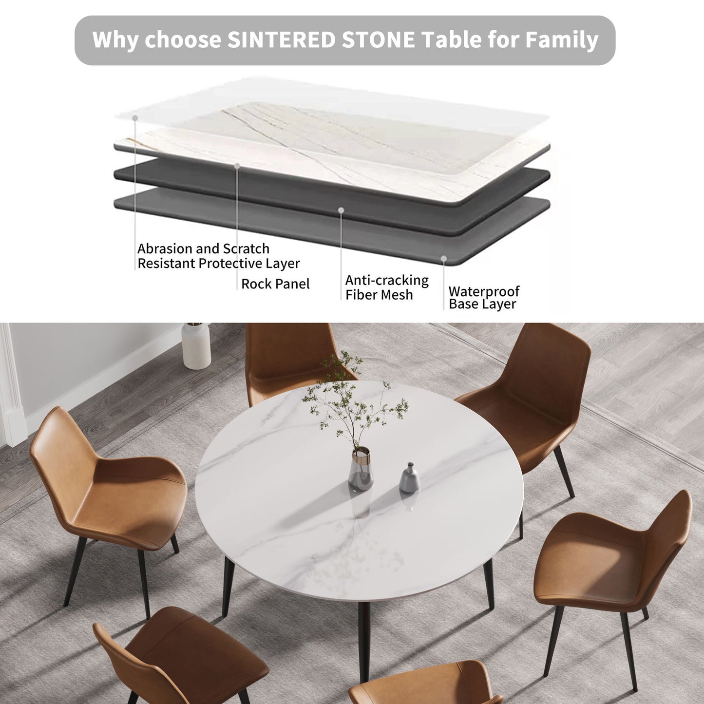 53.15" Modern Man-Made Stone Round Metal Dining Table-Position For 6 People - White / Black