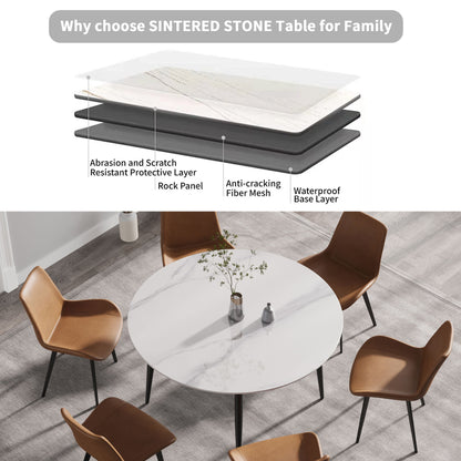 53.15" Modern Man-Made Stone Round Metal Dining Table-Position For 6 People - White / Black