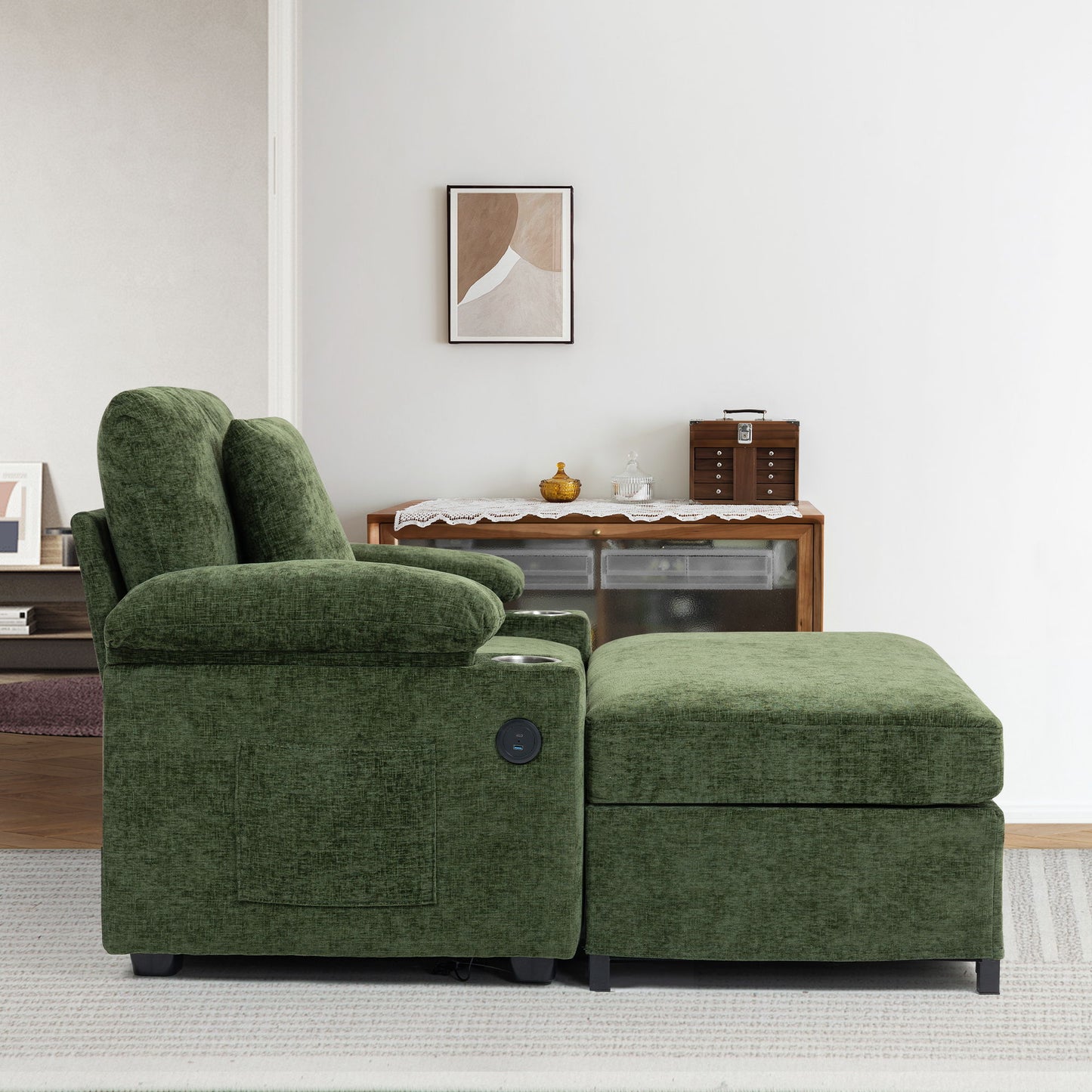 Modern Oversized Chair With Ottoman, Chenille Fabric Sofa Bed, Accent Chair Comfy Sofa With Cupholders And USB Charging Ports Chair For Living Room, Bedroom, Apartment - Green