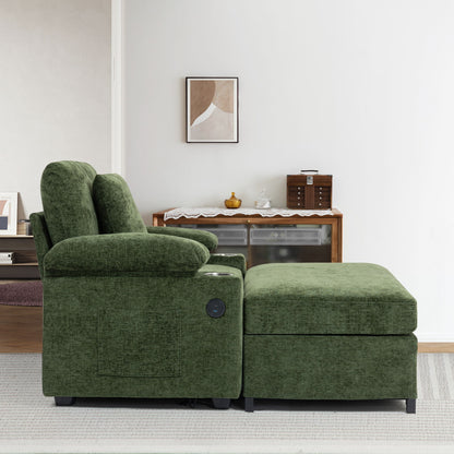 Modern Oversized Chair With Ottoman, Chenille Fabric Sofa Bed, Accent Chair Comfy Sofa With Cupholders And USB Charging Ports Chair For Living Room, Bedroom, Apartment - Green