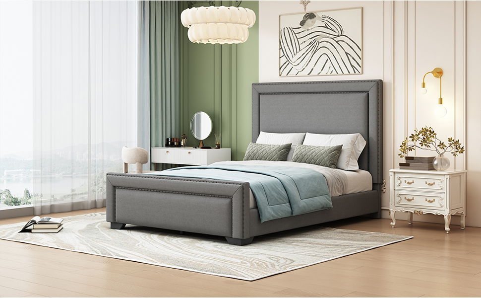Queen Size Upholstered Bed With Slats Support, No Box Spring Needed - Gray