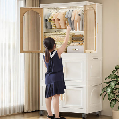 Side Wide Folding Wardrobe, With Magnetic Door, Plastic Storage Cabinet With Wheels (1 Layer Of Wardrobe + 2 Layers Of Folding Boxes + 10 Hangers) - Cream White