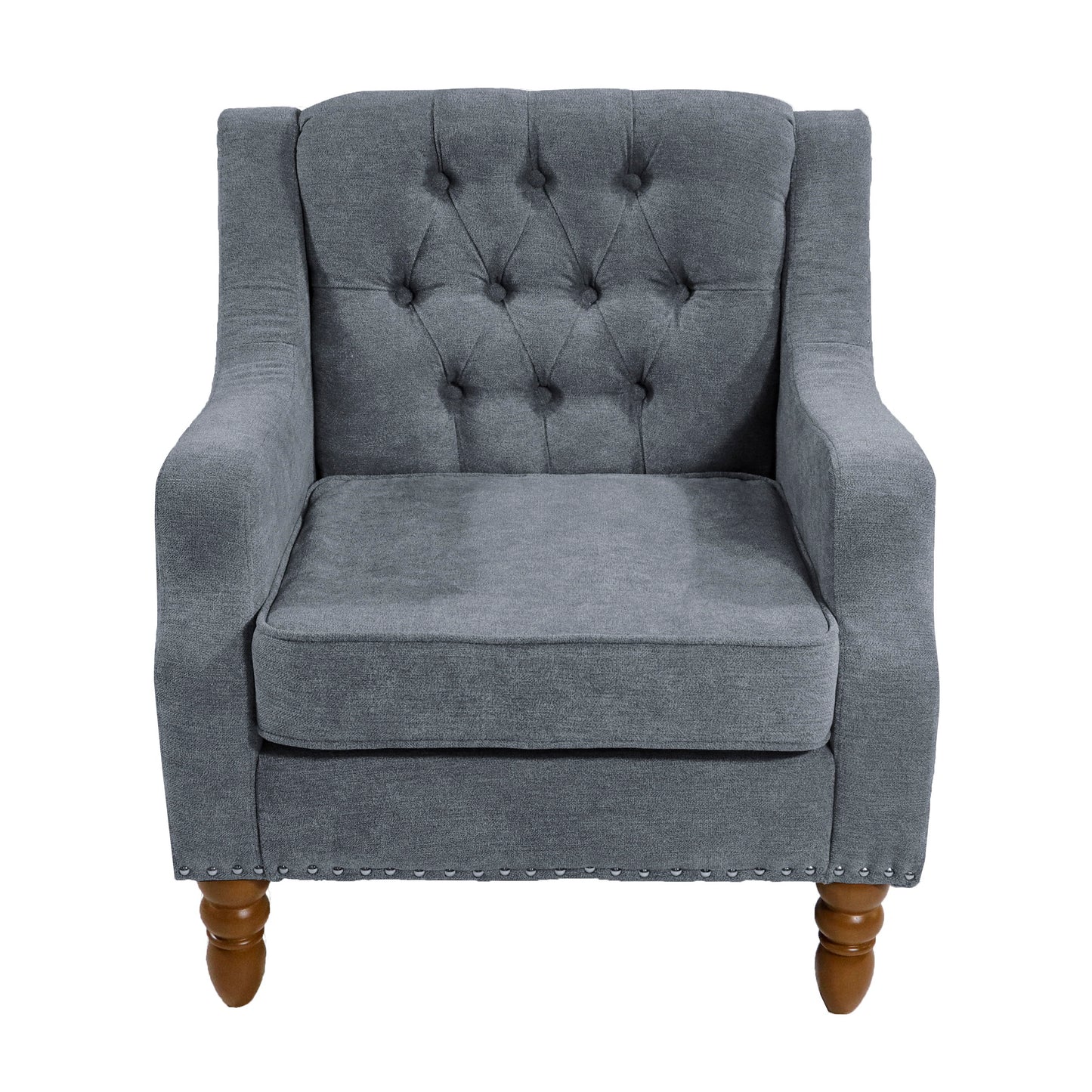 Accent Chair, Living Room Chair, Footrest Chair Set With Vintage Brass Studs, Button Tufted Upholstered Armchair For Living Room, Comfy Reading Chair For Bedroom, Reception Room - Gray