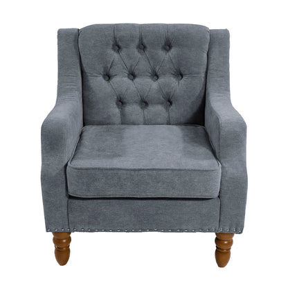 Accent Chair, Living Room Chair, Footrest Chair Set With Vintage Brass Studs, Button Tufted Upholstered Armchair For Living Room, Comfy Reading Chair For Bedroom, Reception Room - Gray