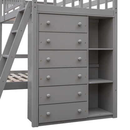 Twin Over Full Bunk Bed With 6 Drawers And Flexible Shelves, Bottom Bed With Wheels - Gray