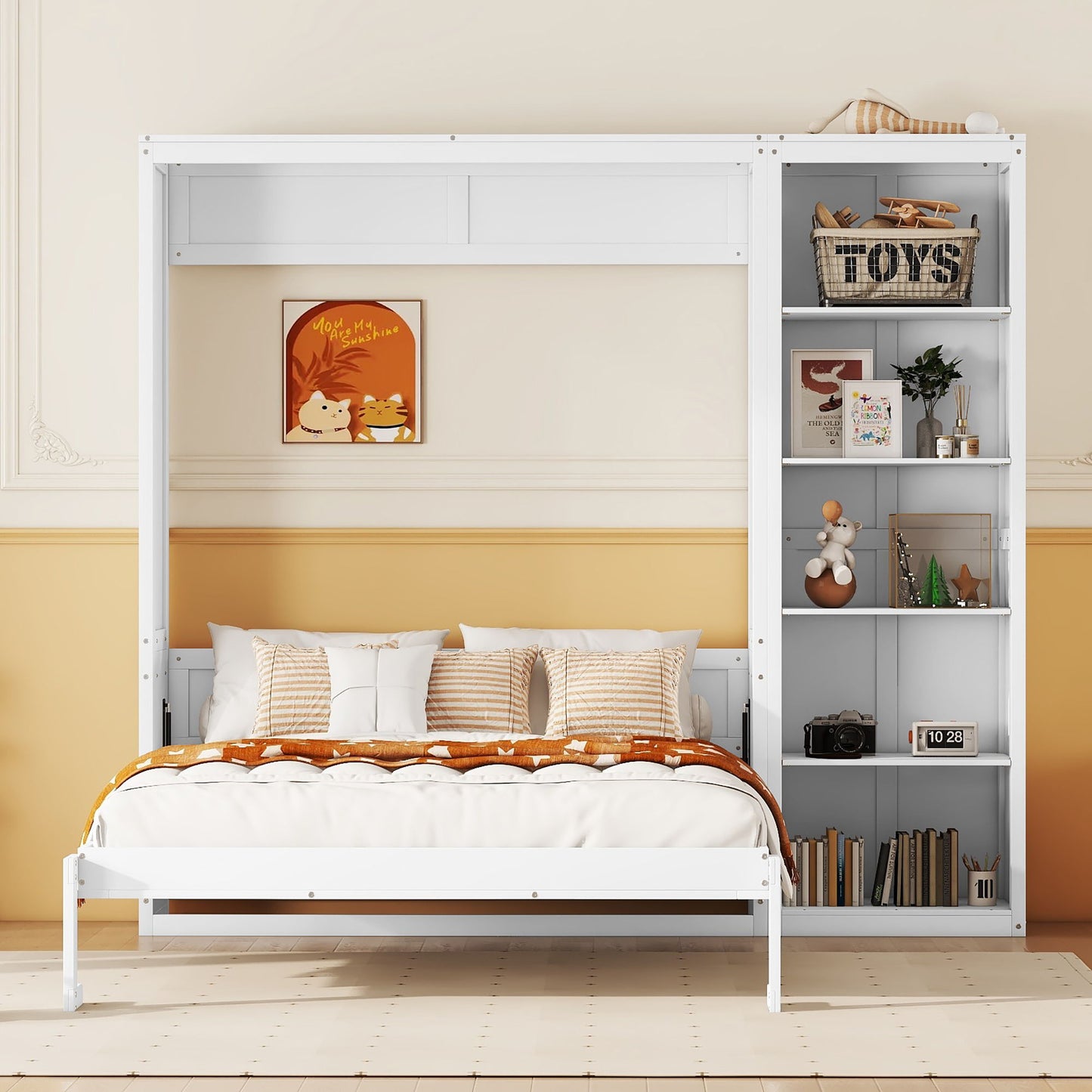 Full Size Murphy Wall Bed With Shelves - White