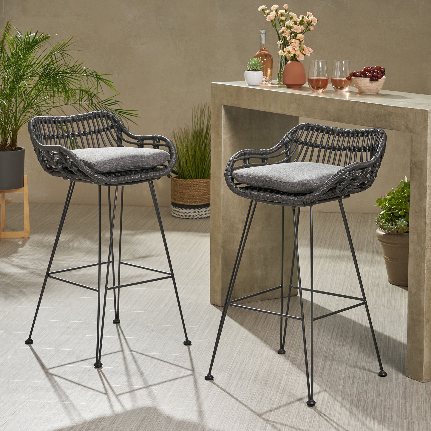 Outdoor Wicker Barstool With Cushions (Set of 2) - Gray