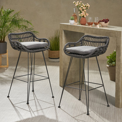 Outdoor Wicker Barstool With Cushions (Set of 2) - Gray