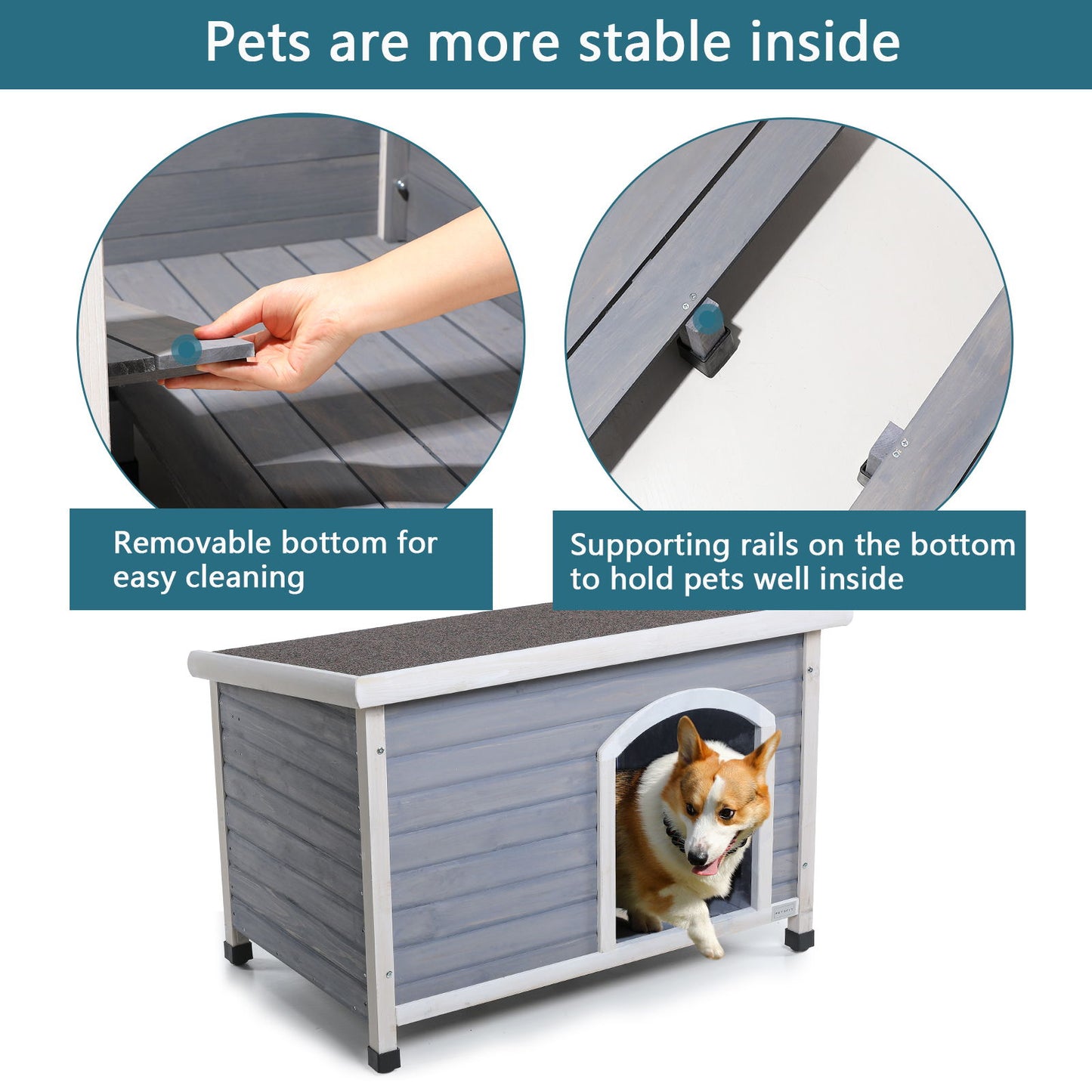 Medium Wooden Outdoor Dog House, Waterproof Roof, Elevated Floor, Adjustable Plastic Feet - Gray
