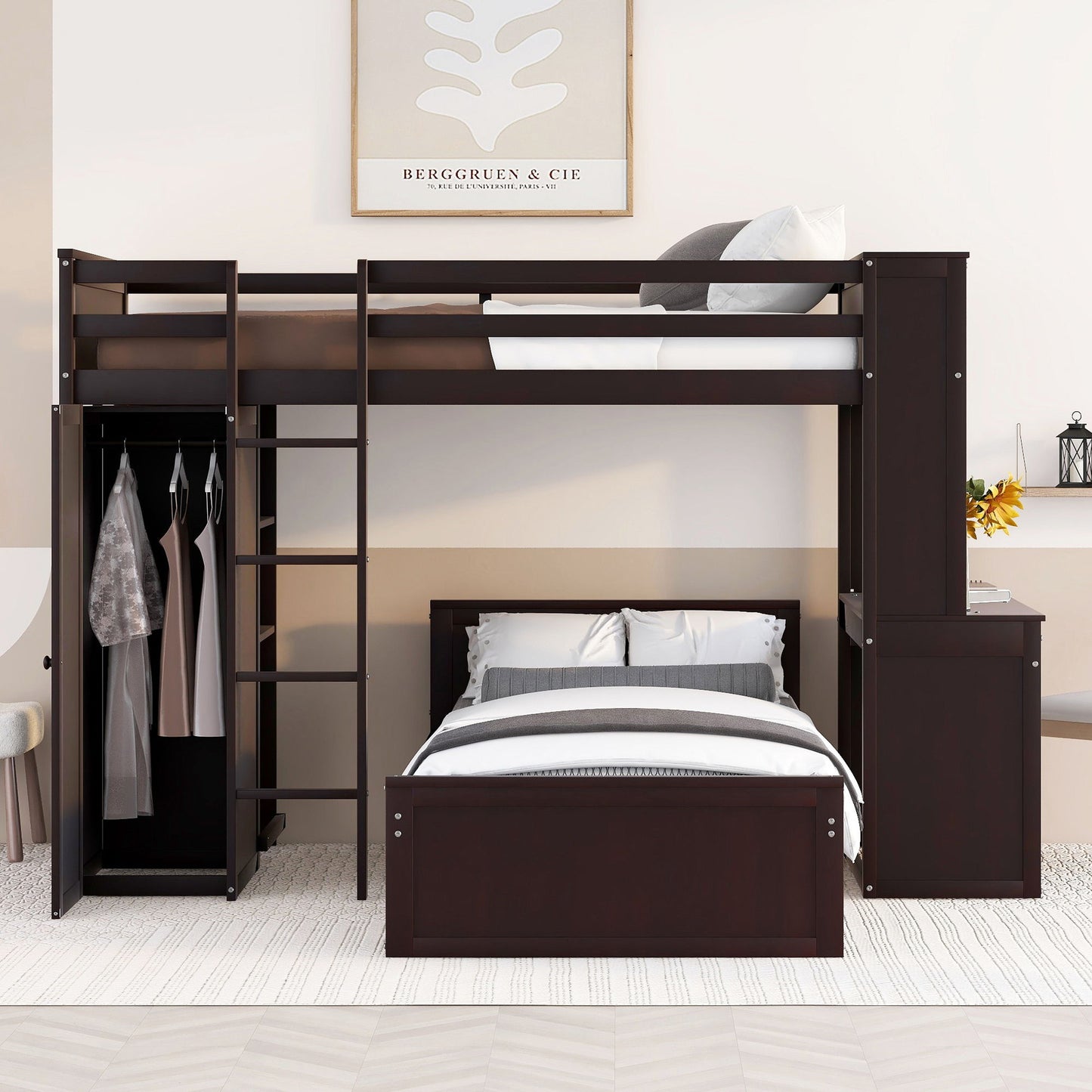 Twin Size Loft Bed With A Stand Alone Bed, Shelves, Desk, And Wardrobe - Espresso