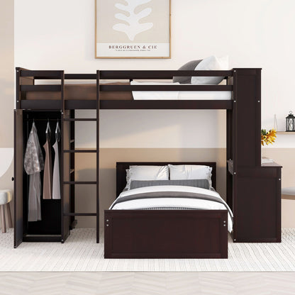 Twin Size Loft Bed With A Stand Alone Bed, Shelves, Desk, And Wardrobe - Espresso