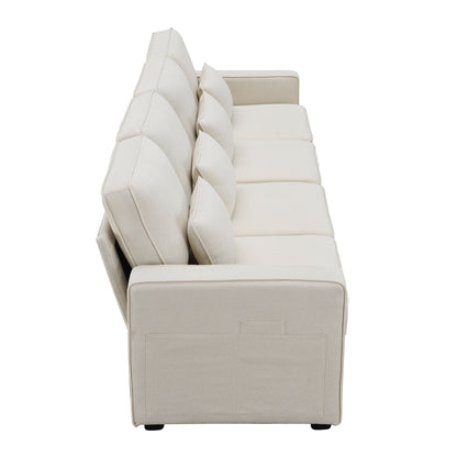 4 Seater Modern Linen Sofa With Armrest Pockets And 4 Pillows, Minimalist Style Couch - Beige