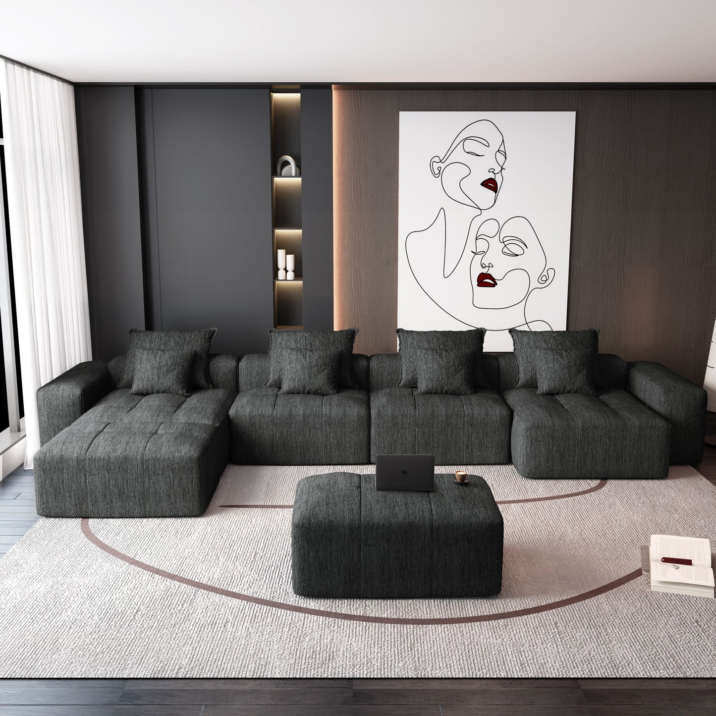 Modern Oversized Modular Sectional Sofa, Sparkling Chenille Fabric Soft Cushion Sofa With 8 Pillows, 8 Pieces Diy Combination Tufted Sofa, No Assembly Required - Black