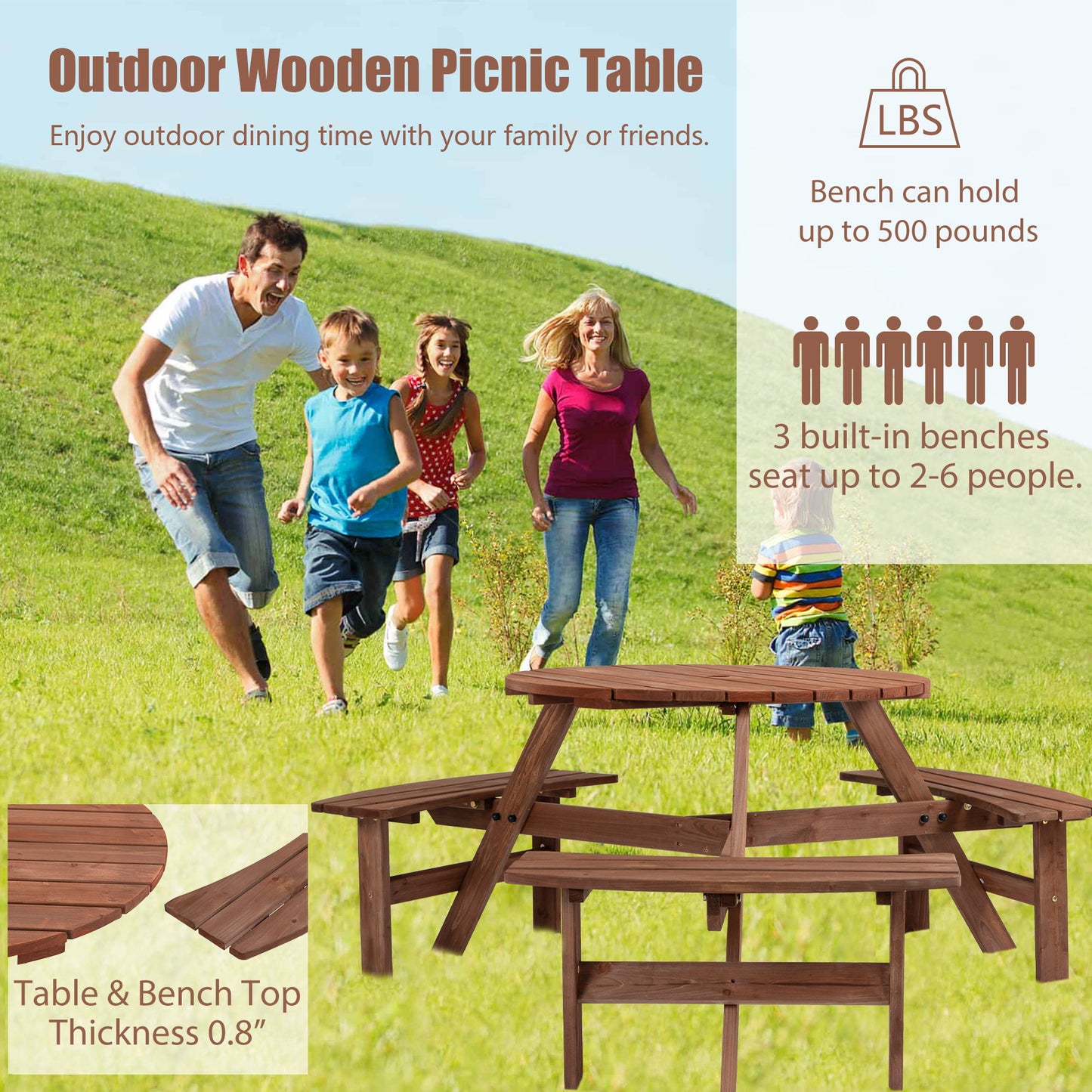 6 Person Circular Outdoor Wooden Picnic Table For Patio, Backyard, Garden, Diy With 3 Built-In Benches, 1720Lb Capacity - Brown