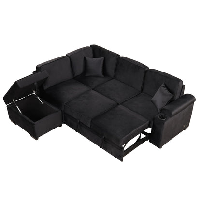 Sleeper Sofa Bed, 2 In 1 Pull Out Sofa Bed L-Shape Couch With Storage Ottoman For Living Room, Bedroom Couch And Small Apartment - Black