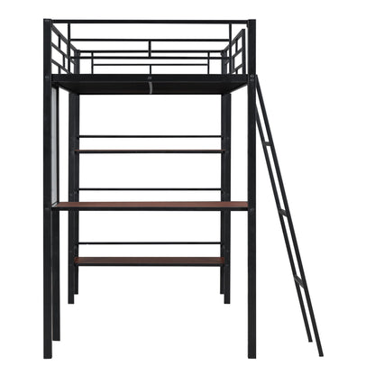 Twin Size Loft Bed With 3 Layers Of Shelves And Desk, Stylish Frame Bed - Black