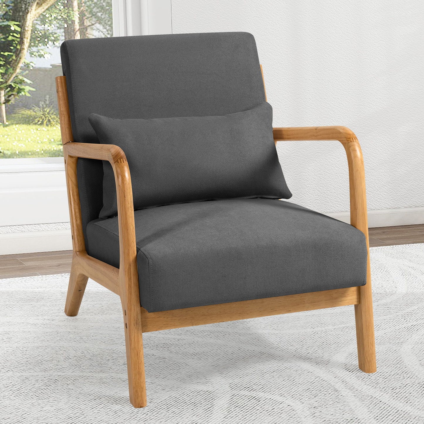 Leisure Chair With Solid Wood Armrest And Feet, Mid-Century Modern Accent Sofa, 1 Seat - Dark Gray