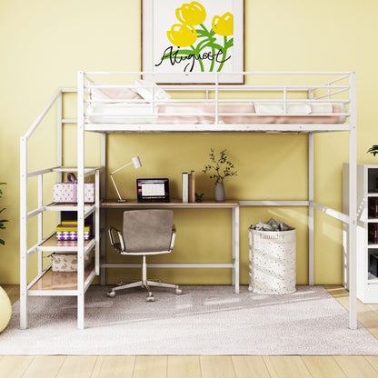 Full Size Loft Bed With Desk And Lateral Storage Ladder - White