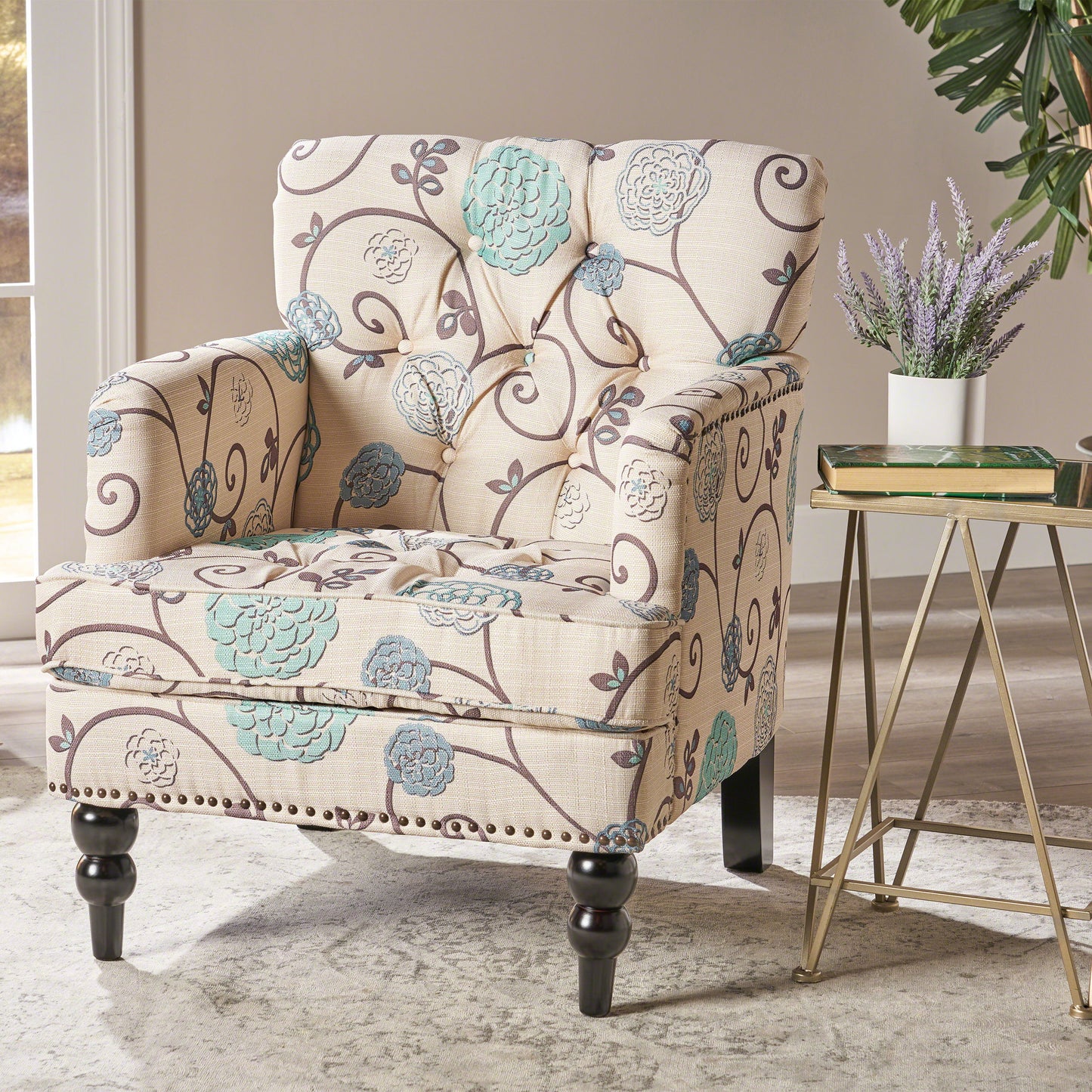 Vitality - Club Chair With Button Tufted Diamond Stitching And Turned Legs - Blue / White