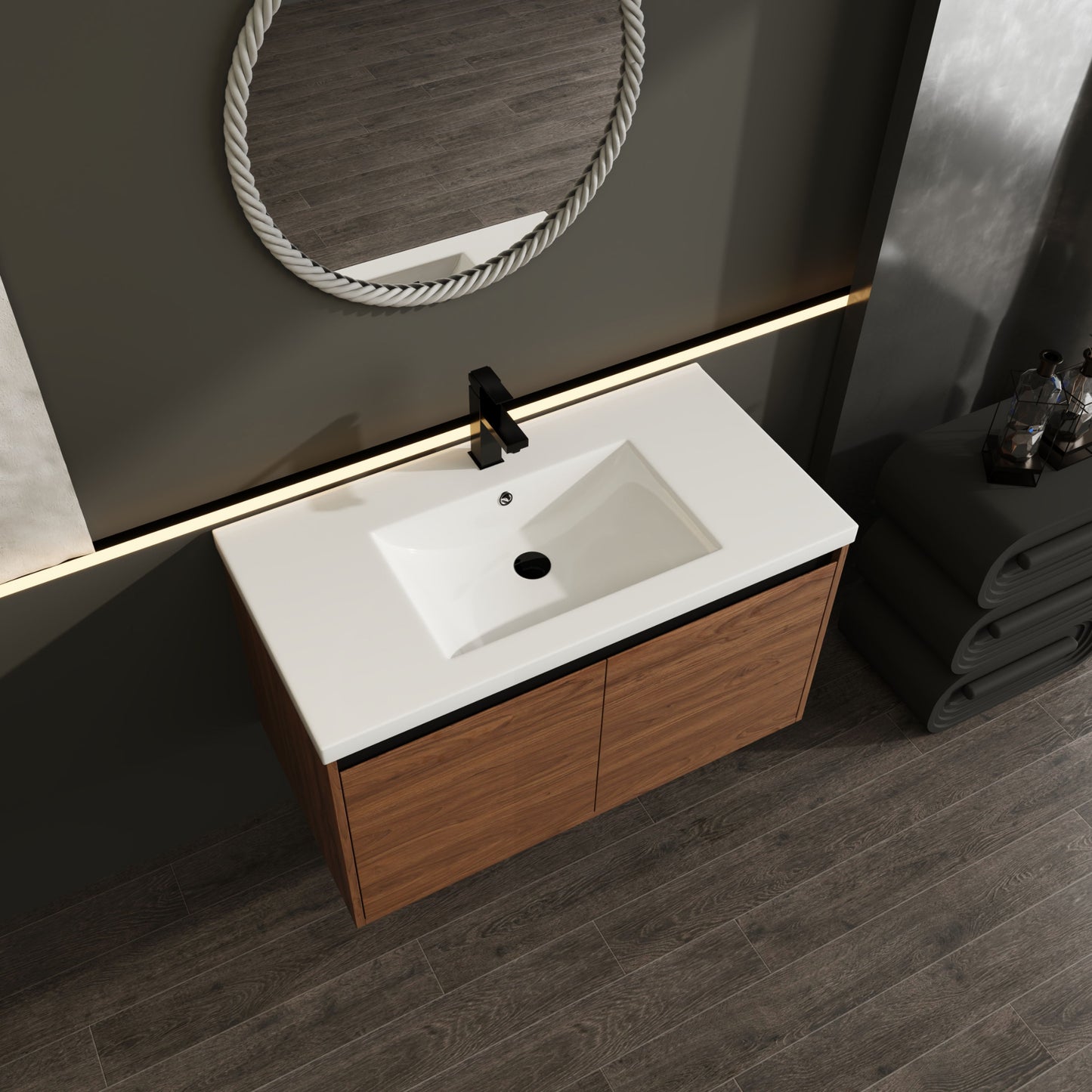 36" Bathroom Vanity Set With Resin Countertop Sink And 2 Doors - Brown