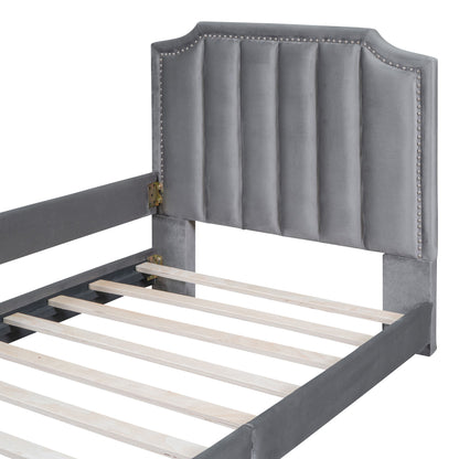 Twin Size Upholstered Daybed With Classic Stripe Shaped Headboard - Gray