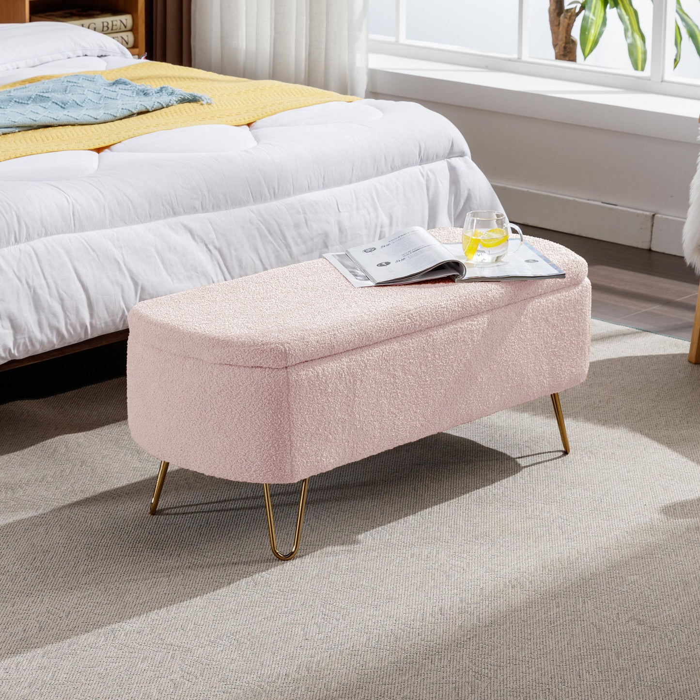 Storage Ottoman Bench For End Of Bed Gold Legs, Modern Gray Faux Fur Entryway Bench Upholstered Padded With Storage For Living Room Bedroom - Pink