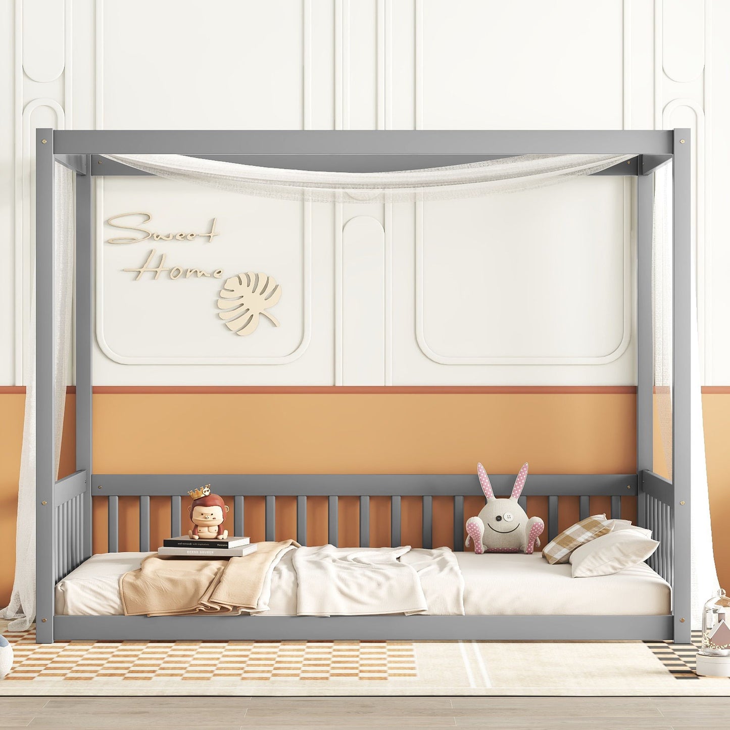 Twin Size Canopy Frame Floor Bed With Fence, Guardrails - Gray