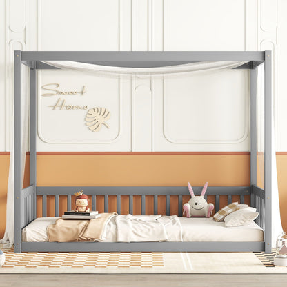 Twin Size Canopy Frame Floor Bed With Fence, Guardrails - Gray
